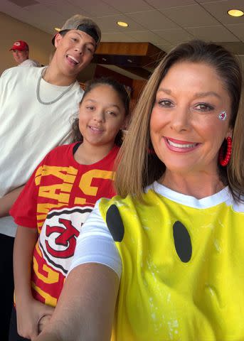 <p>Randi Mahomes/Instagram</p> Mia Randall with Randi and Jackson Mahomes at the Chiefs vs. Chargers game