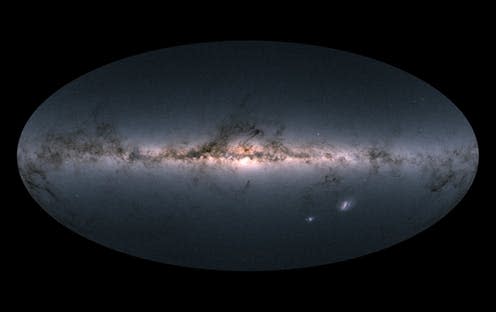 <span class="caption">Gaia’s view of our Milky Way and neighbouring galaxies.</span> <span class="attribution"><span class="source"> ESA/Gaia/DPAC</span>, <a class="link " href="http://creativecommons.org/licenses/by-sa/4.0/" rel="nofollow noopener" target="_blank" data-ylk="slk:CC BY-SA;elm:context_link;itc:0;sec:content-canvas">CC BY-SA</a></span>