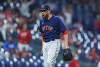 Boston Red Sox relief pitcher Matt Barnes reacts after the team's 4-3 win in a baseball game against the Philadelphia Phillies, Saturday, May 22, 2021, in Philadelphia. (AP Photo/Chris Szagola)