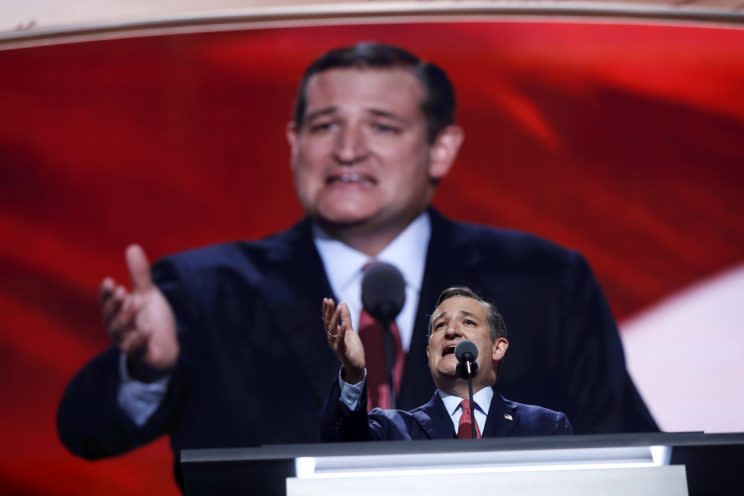 Sen. Ted Cruz, R-Texas, addresses the delegates during the third day session of the Republican National Convention in Cleveland, Wednesday, July 20, 2016. (Photo: Carolyn Kaster/AP)