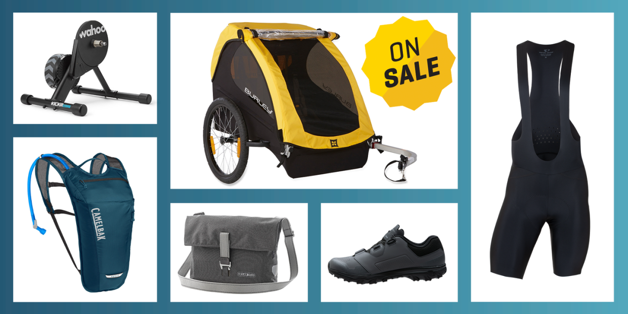 bike trainer, bike trailer, bib shorts, summit shoes, pannier, hydration pack