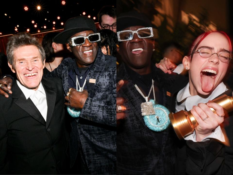 Flavor Flav with Willem Dafoe and Billie Eilish at the 2024 Golden Globes.