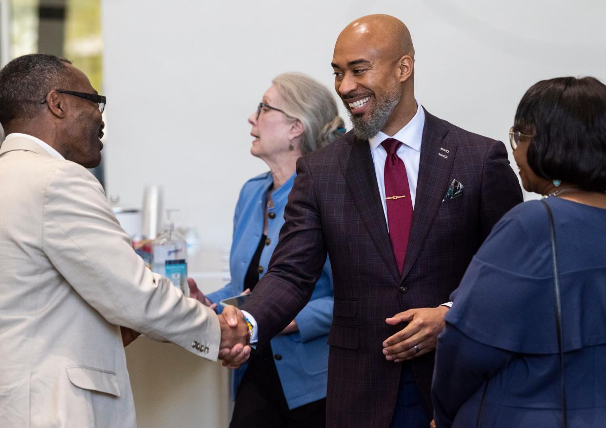 Montgomery Public Schools superintendent candidate Dr. Melvin Brown is introduced to city leaders during a meet and greet at The Lab on Dexter in Montgomery, Ala., on Monday, March 28, 2022.