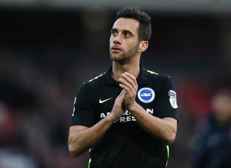 Britain Soccer Football - Barnsley v Brighton & Hove Albion - Sky Bet Championship - Oakwell - 18/2/17 Sam Baldock of Brighton & Hove Albion applauds the fans at the end of the game Mandatory Credit: Action Images / John Clifton