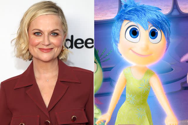 <p>Manny Carabel/Getty; Walt Disney Studios Motion Pictures/courtesy Everett Collection</p> Left: Amy Poehler attends the "First Time Female Director" premiere during the 2023 Tribeca Festival at SVA Theatre on June 12, 2023 in New York City. Right: Joy (voice: Amy Poehler)