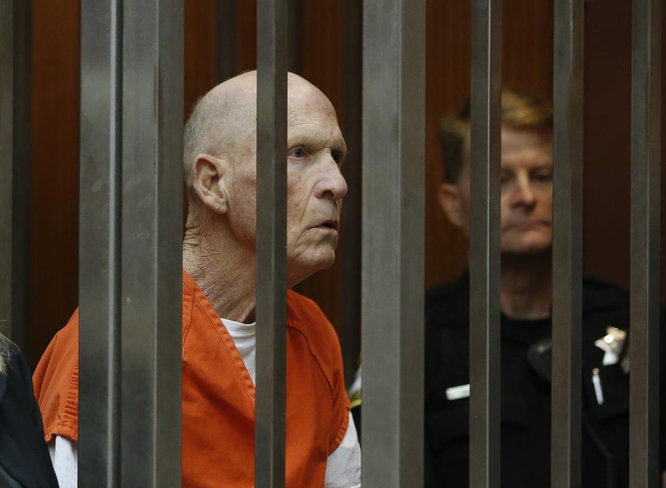 Joseph James DeAngelo, suspected of being the Golden State Killer, appears in Sacramento County Superior Court as prosecutors announce they will seek the death penalty if he is convicted in the case, Wednesday, April 10, 2019, in Sacramento, Calif. The move comes less than a month after Gov. Gavin Newsom announced a moratorium on executing any inmates on the nation's largest death row. (AP Photo/Rich Pedroncelli)