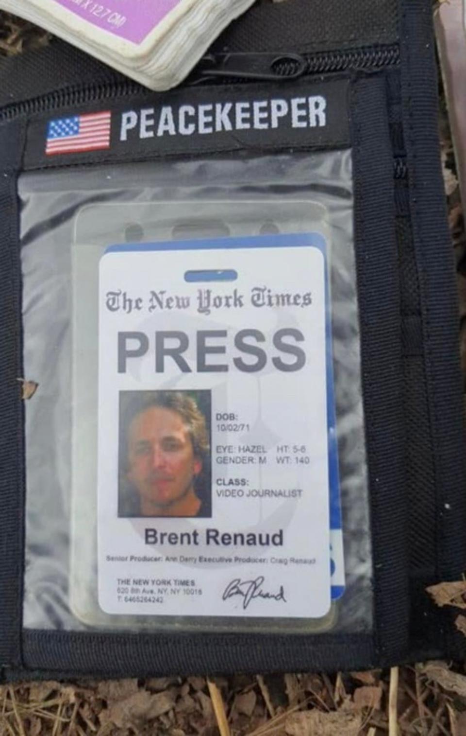 Kyiv police shared a photo of Brent Renaud’s press pass (Andriy Nebitov/Facebook)