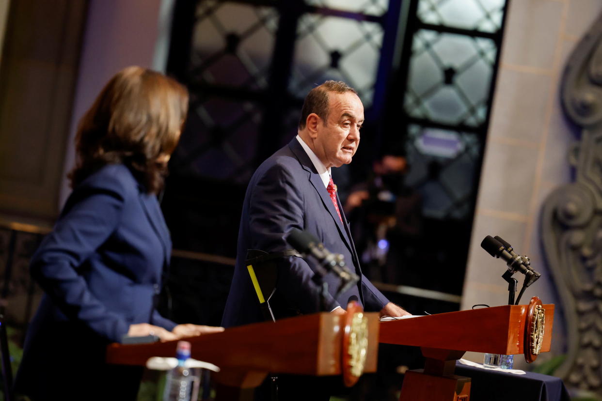 Guatemala's President Alejandro Giammattei speaks during a news conference with U.S. Vice President Kamala Harris at the Palacio Nacional de la Cultura, in Guatemala City, Guatemala, during Harris' first international trip as Vice President to Guatemala and Mexico, June 7, 2021. (Carlos Barria/Reuters)