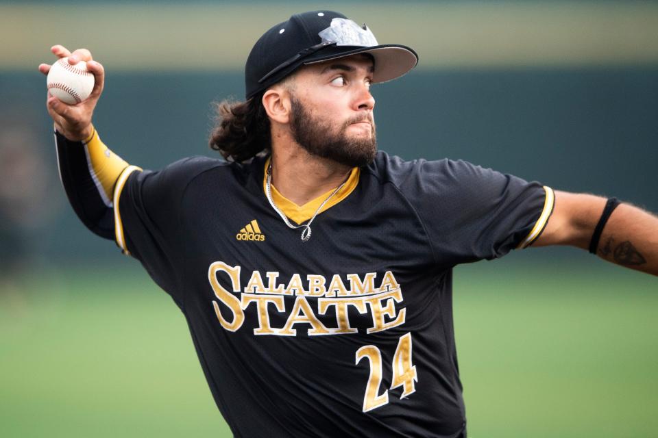 Alabama State third baseman Christian Lopez (24) throws to first to make the out during the NCAA Baseball Tournament Knoxville Regional between the Tennessee Volunteers and Alabama State Hornets held at Lindsey Nelson Stadium on Friday, June 3, 2022. 