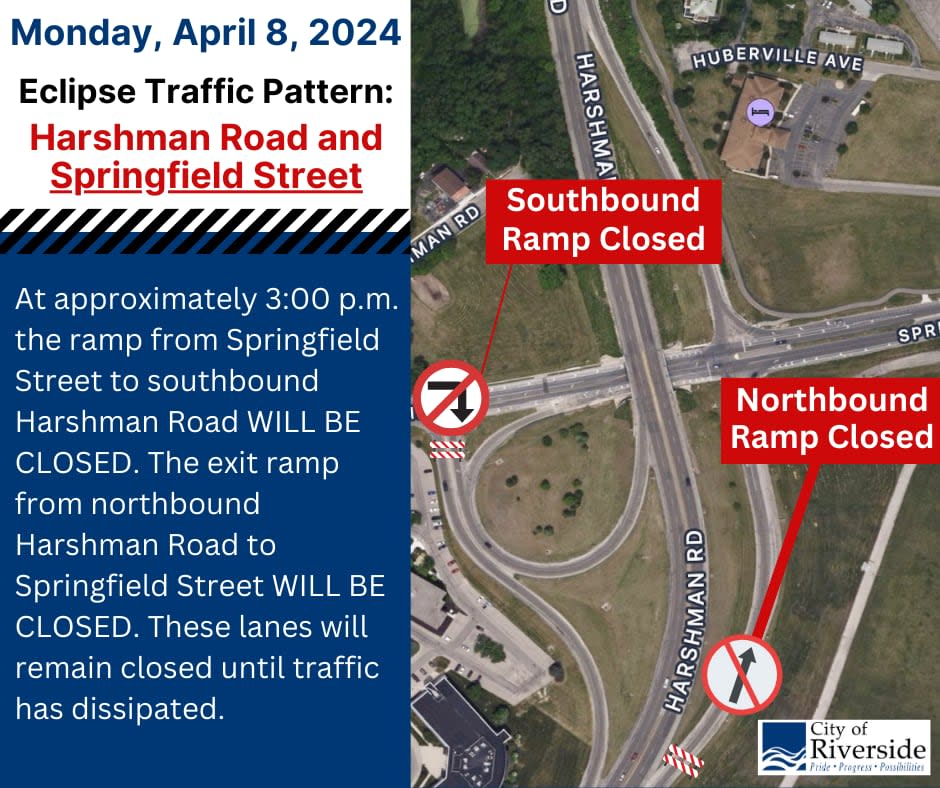 This the traffic pattern the City of Riverside  will enforce around Harshman Road and Springfield Street during the April 8, 2024, solar eclipse event. (Courtesy: City of Riverside)