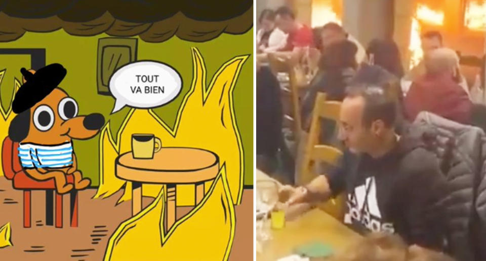 On the left, the meme of a cartoon dog sitting in a burning room with a speech bubble saying 'this is fine' in French can be seen, on the right a screenshot on the video shows diners seated while fire can be seen from outside the window from French protests. 