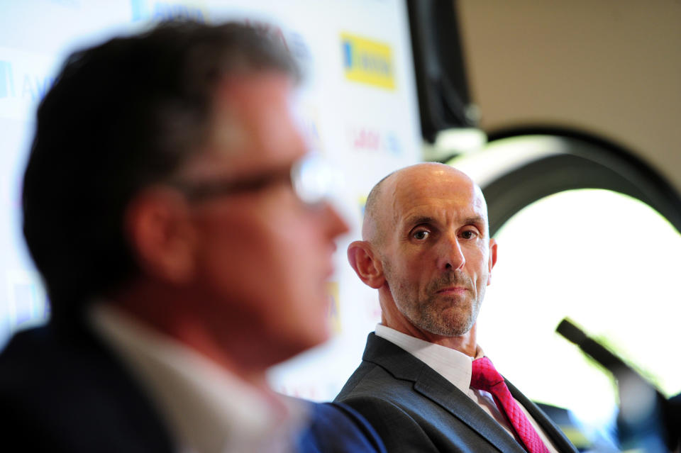 BIRMINGHAM, ENGLAND - SEPTEMBER 13:  Outgoing UKA Athletics head coach Charles Van Commenee (l)  and new performance director Neil Black (r) face the press at the UK press conference at Alexander Stadium on September 13, 2012 in Birmingham, England.  (Photo by Stu Forster/Getty Images)