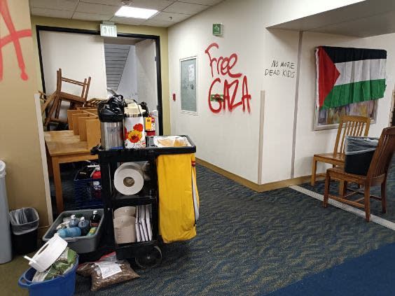 Protesters who occupied Millar Library on the PSU campus over the Israeli-Hamas war caused damage and destruction, April 30, 2024 (KOIN)