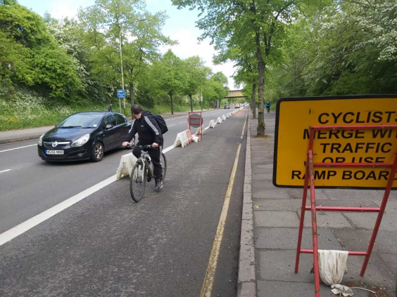 Temporary bike lane in Aylestone Road, Leicester (Ride Leicester)