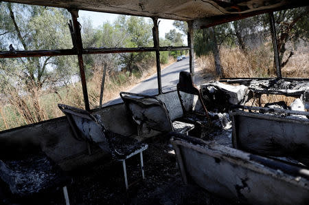 The wreckage of a bus that was burnt in a blockade set by members of the Santa Rosa de Lima Cartel to repel security forces during an anti-fuel theft operation is pictured in Santa Rosa de Lima, in Guanajuato state, Mexico, March 6, 2019. REUTERS/Edgard Garrido