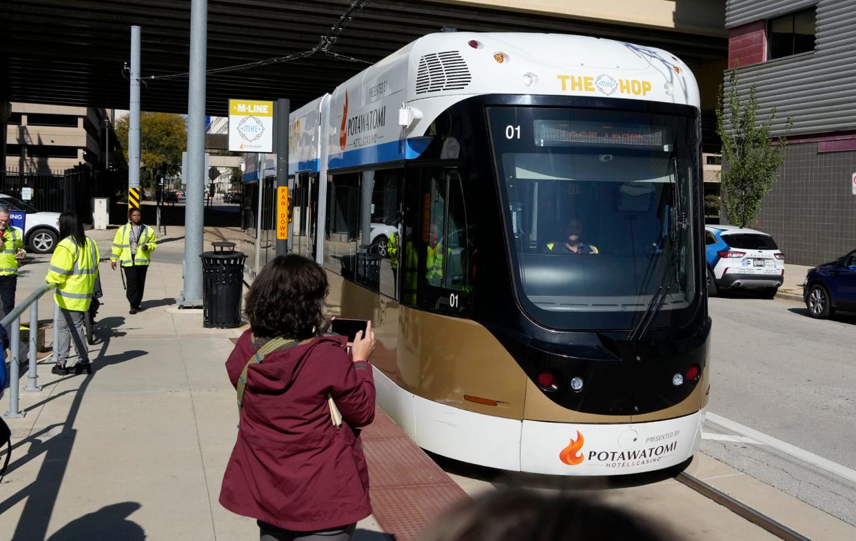 The new L-Line streetcar rolls to a stop on the corner of St. Paul Avenue and Vel R. Phillips Avenue during a media preview ride in Milwaukee on Wednesday, Oct. 11, 2023. Service along the new line which travels further east near the lakefront through the under construction Couture high rise development, will start on a limited basis on Sunday, Oct. 29. The full L-Line service is expected to begin in Spring 2024.