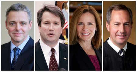 FILE PHOTO: Federal appeals court judges L-R: Raymond Kethledge, Brett Kavanaugh, Amy Coney Barrett, and Thomas Hardiman, being considered by President Donald Trump for the U.S. Supreme Court, are seen in this combination photo from files. REUTERS/File Photos