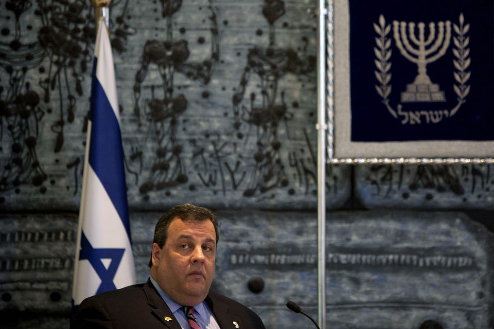 New Jersey Gov. Chris Christie speaks with Israeli President Shimon Peres, not seen, during their meeting at the President's residence in Jerusalem, Tuesday, April. 3, 2012. Christie kicked off his first official overseas trip Monday meeting Israel's leader in a visit that may boost the rising Republican star's foreign policy credentials ahead of November's presidential election.(AP Photo/Oded Balilty)