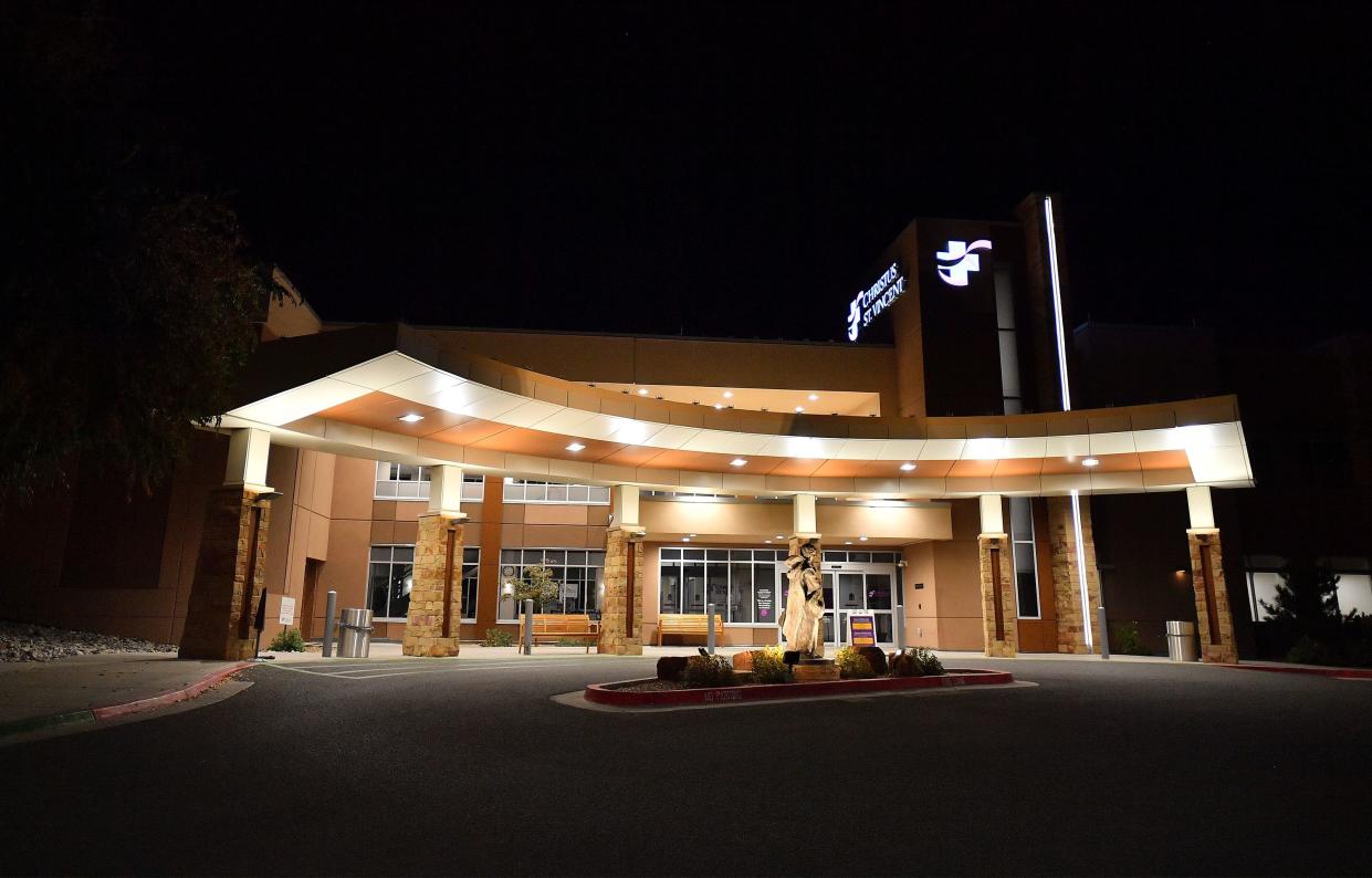 An exterior view shows the entrance to Christus St. Vincent Medical Center, where "Rust" director Joel Souza was transported, on October 21, 2021 in Santa Fe, New Mexico.