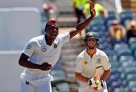 Cricket - Australia v South Africa - First Test cricket match - WACA Ground, Perth, Australia - 7/11/16. South Africa's Kagiso Rabada appeals successfully for LBW to dismiss Australia's Mitchell Marsh at the WACA Ground in Perth. REUTERS/David Gray