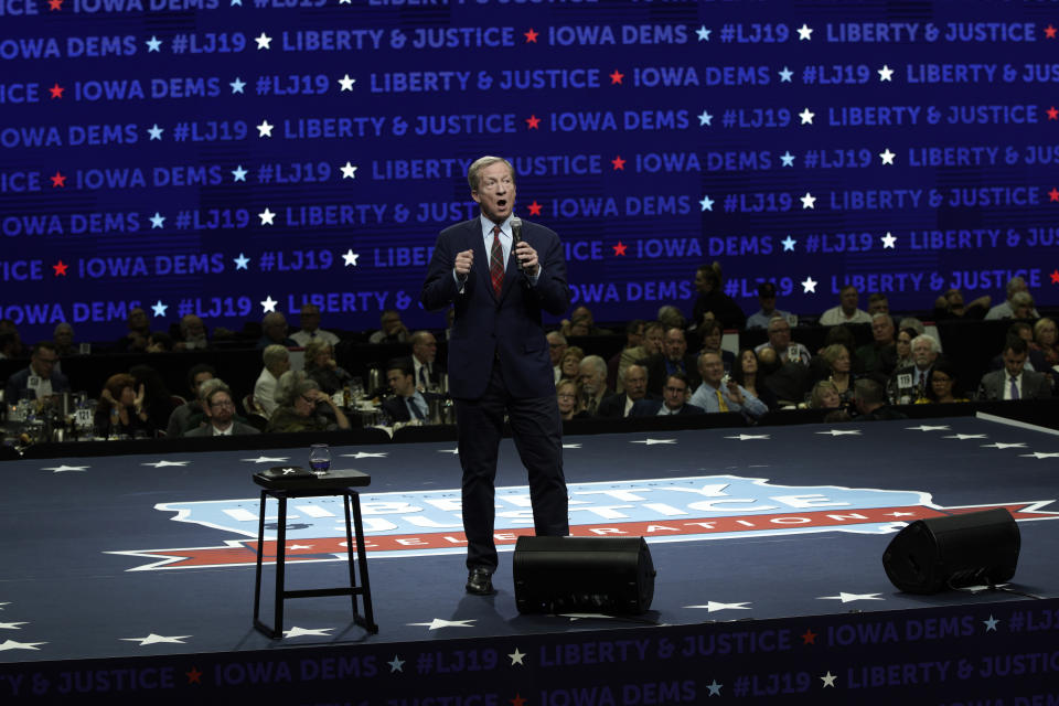 Democratic presidential candidate businessman Tom Steyer speaks during the Iowa Democratic Party's Liberty and Justice Celebration, Friday, Nov. 1, 2019, in Des Moines, Iowa. (AP Photo/Nati Harnik)