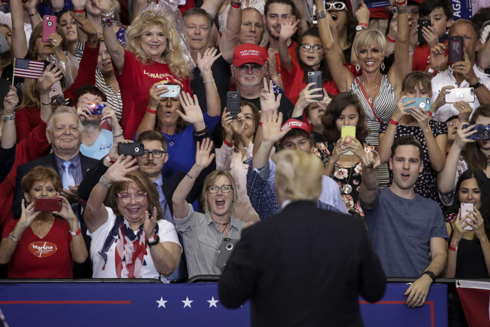 President Donald Trump acknowledges the audience during a rally at the Nashville Municipal Auditorium, May 29, 2018 in Nashville, Tennessee. (Photo: Getty Images).