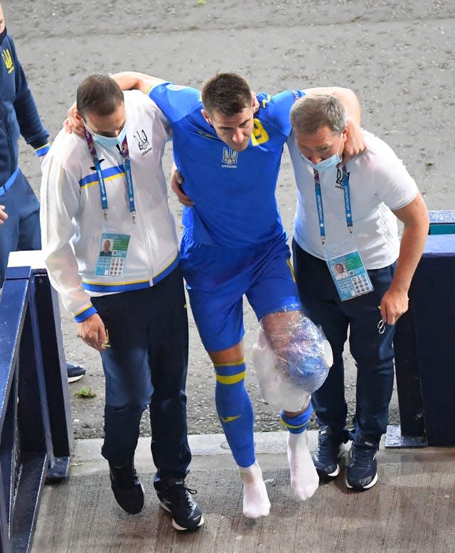 Ukraine’s Artem Besedin suffered suspected cruciate ligament damage during the 2-1 win over Sweden