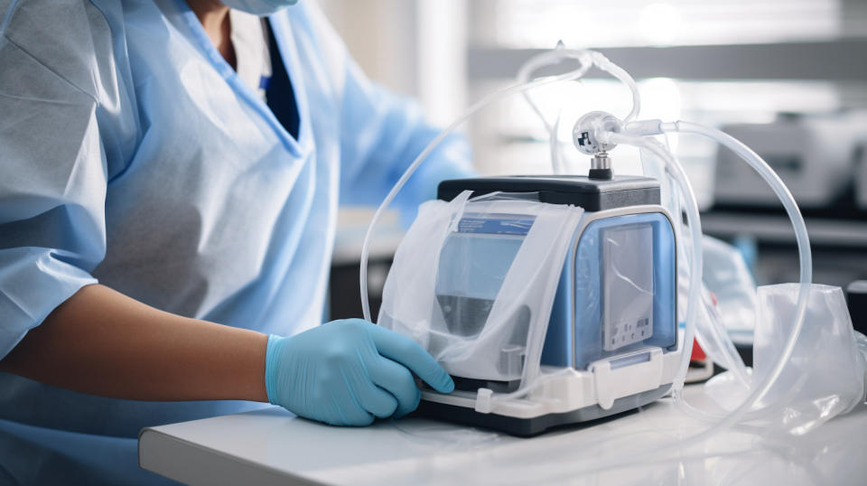 A close-up of a medical technician wearing lab coat and a face mask preparing a portable oxygen concentrator for a patient.