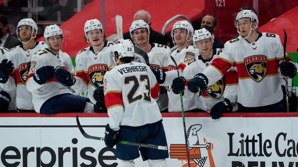 Florida Panthers center Carter Verhaeghe (23) celebrates his goal against the Detroit Red Wings in the third period of an NHL hockey game Sunday, Jan. 31, 2021, in Detroit. (AP Photo/Paul Sancya)