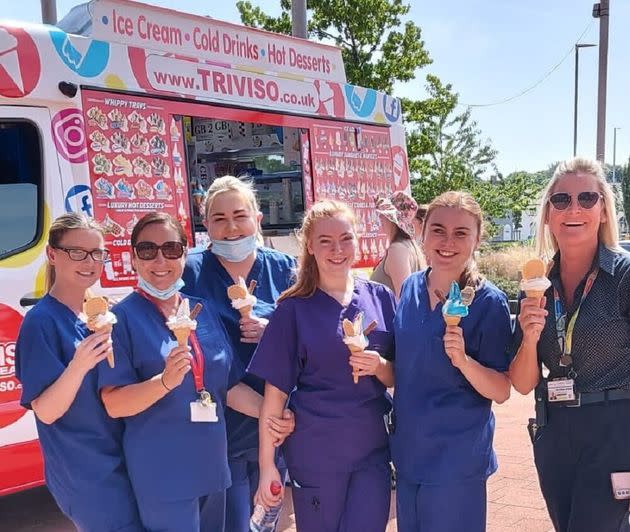 Hospital staff at Alder Hey Children's Charity of hospital staff who were given free ice cream to help them battle the soaring temperatures. (Photo: Alder Hey Children's Charity via PA Media)