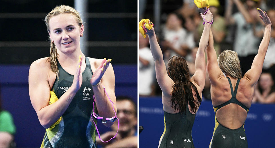 Ariarne Titmus and Mollie O'Callaghan after the 200m freestyle at the Olympics.