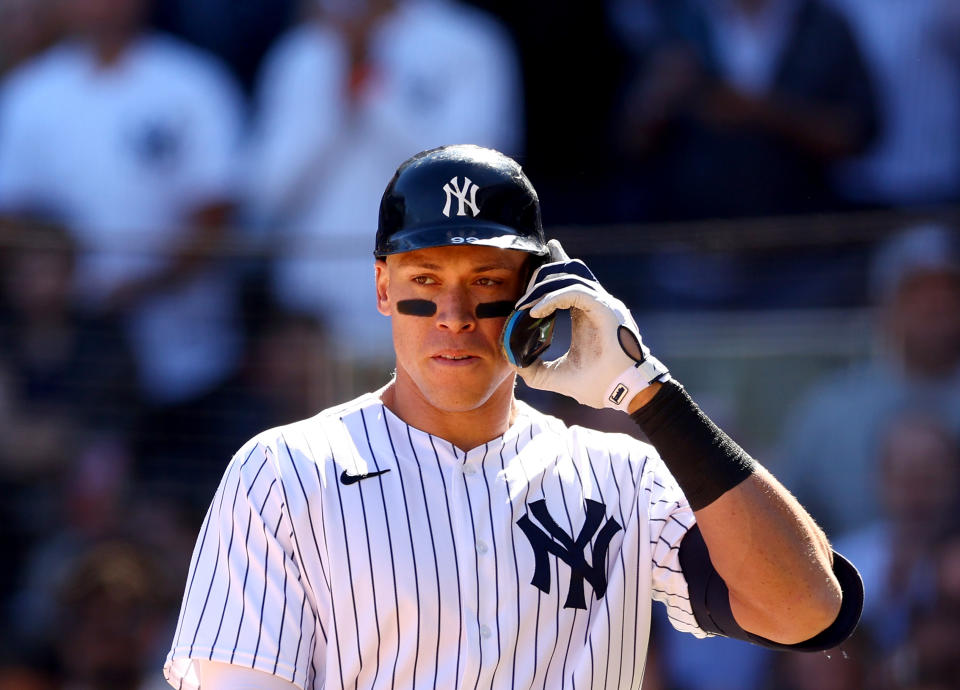 NEW YORK, NEW YORK - SEPTEMBER 24:  Aaron Judge #99 of the New York Yankees steps up to the plate against the Boston Red Sox at Yankee Stadium on September 24, 2022 in the Bronx borough of New York City. The New York Yankees defeated the Boston Red Sox 7-5. (Photo by Elsa/Getty Images)