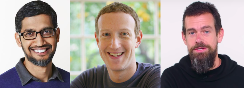 Google執行長皮查伊（左）、臉書執行長祖克柏（中）、推特執行長多西（右）出席美國參議院聽證會。   圖：新頭殼合成