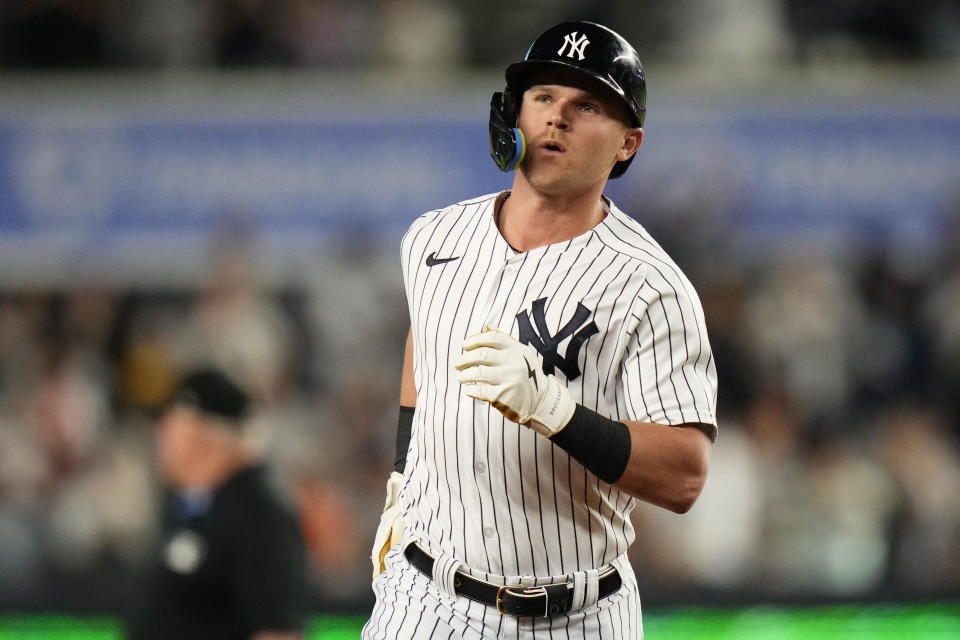 FILE - New York Yankees' Jake Bauers runs the bases after hitting a three-run home run during the first inning of a baseball game against the Toronto Blue Jays Thursday, Sept. 21, 2023, in New York. Bauers was traded from the New York Yankees to the Milwaukee Brewers on Friday, Nov. 17, 2023, for minor league outfielders Jace Avina and Brian Sánchez. (AP Photo/Frank Franklin II, File)