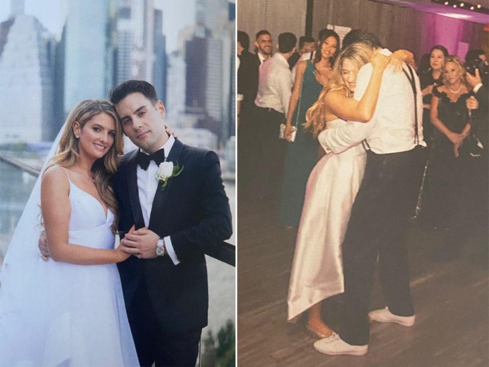 A side-by-side of a couple posing for a photo and smiling on their wedding day.