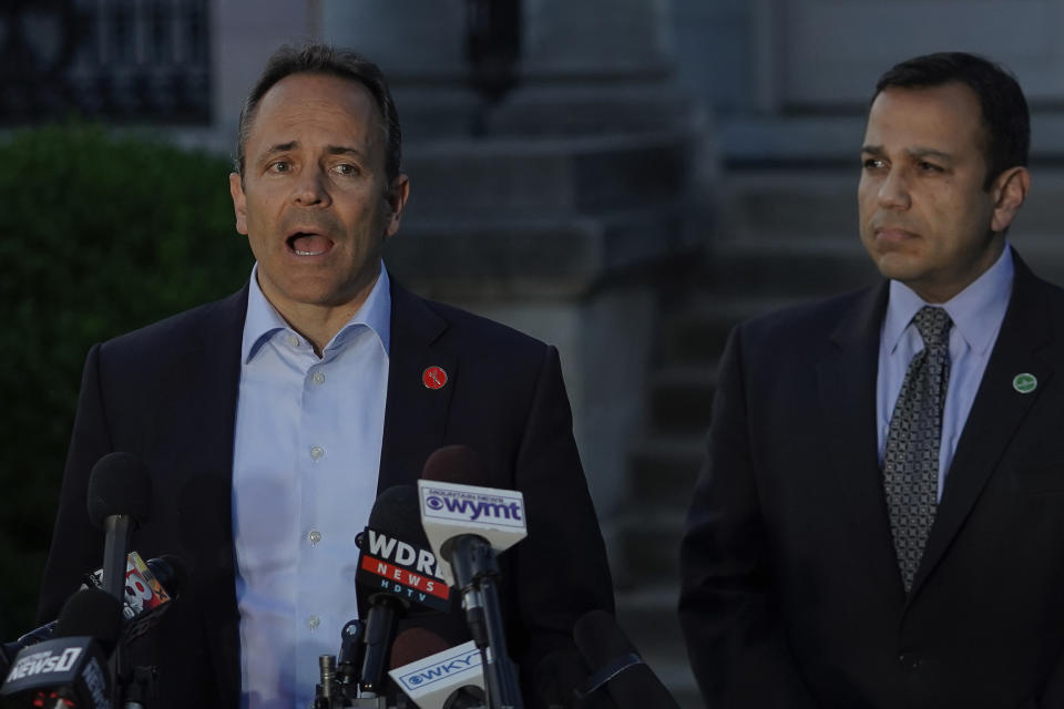 Kentucky Gov. Matt Bevin and Kentucky Senator Ralph Alvarado, the republican nominee for lieutenant governor, speak to the media after winning the republican gubernatorial primary, in Frankfort, Ky., Tuesday, May 21, 2019. (AP Photo/Bryan Woolston)