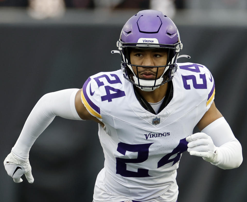 FILE - Minnesota Vikings defensive back Camryn Bynum plays against the Cincinnati Bengals during an NFL football game Dec. 16, 2023, in Cincinnati. Historically, Asian Americans and have been stereotyped as more brains than brawn or "foreigners" not fit for some American sports. Many current and former athletes of Asian American as well as Pacific Islander heritage agreed that such misconceptions have mostly faded. Increasingly, major athletes have been able to amplify their culture on a public stage and be embraced by the public. (AP Photo/Jay LaPrete, File)