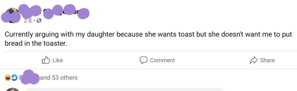 Kid argues because she wants toast but doesn't want her parent to put bread in the toaster