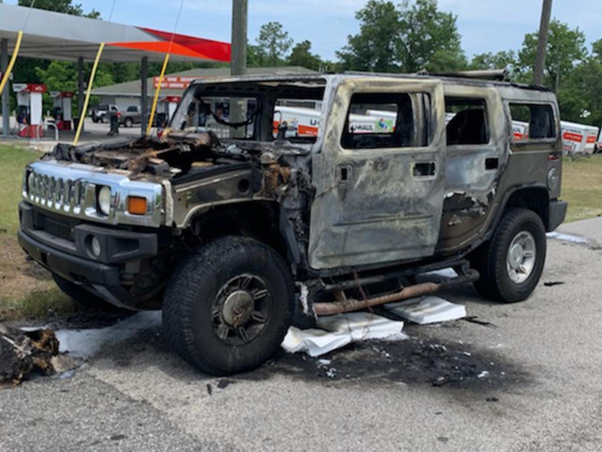 A Hummer carrying four cans of gas burst into flames just after filling up north of Tampa, Florida on 12 May, 2021.  (Citrus County Fire Rescue)