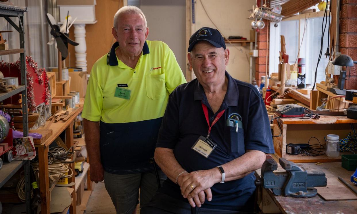 <span>Graham and Bruce from the Ettalong men’s shed in NSW.</span><span>Photograph: Brydie Piaf/The Guardian</span>