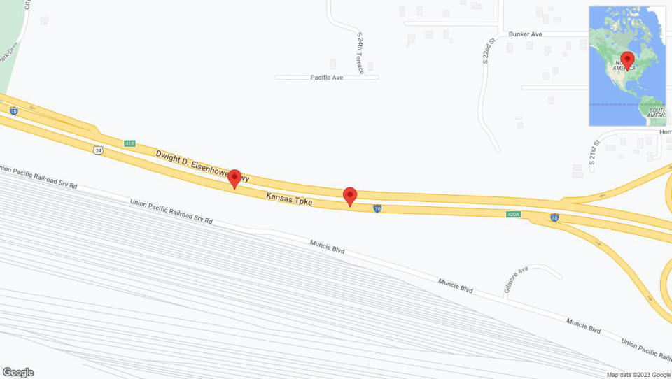 A detailed map that shows the affected road due to 'Broken down vehicle on eastbound I-70 in Kansas City' on November 22nd at 1:26 p.m.