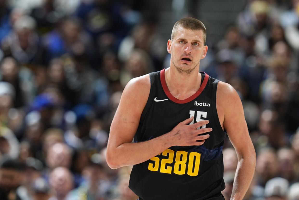 Denver Nuggets center Nikola Jokic (15) in the first half of Game 2 of an NBA basketball second-round playoff series