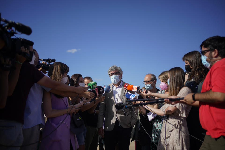 Jordi Pina, lawyer of Catalan separatist leaders jailed for sedition talks to the media outside Lledoners prison in Sant Joan de Vilatorrada, near Barcelona, Spain, Tuesday, June 22, 2021. Nine Catalan separatist leaders jailed for sedition are eyeing freedom, after Spain's Cabinet pardoned them in the hope of starting what Prime Minister Pedro Sánchez called a much-needed reconciliation in the country's restive northeast. (AP Photo/Joan Mateu)