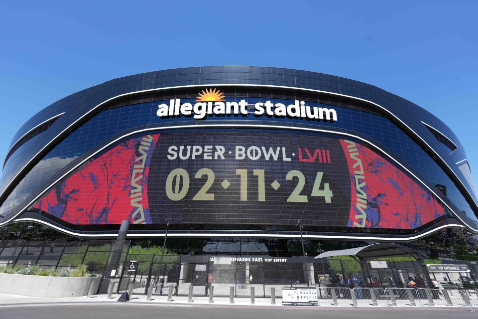 The Super Bowl LVIII (Super Bowl 58 logo) on the Allegiant Stadium marquee.
