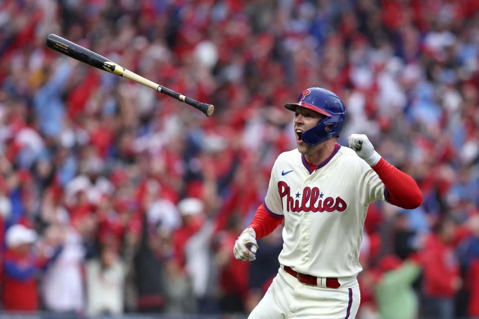 Game 5: Rhys Hoskins reacts after hitting a two-run homer in the third inning.