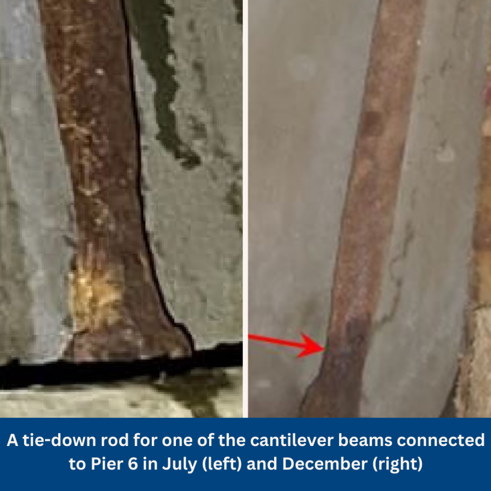 A tie-down rod for one of the cantilever beams connected to Pier 6 as photographed in July and December, 2023