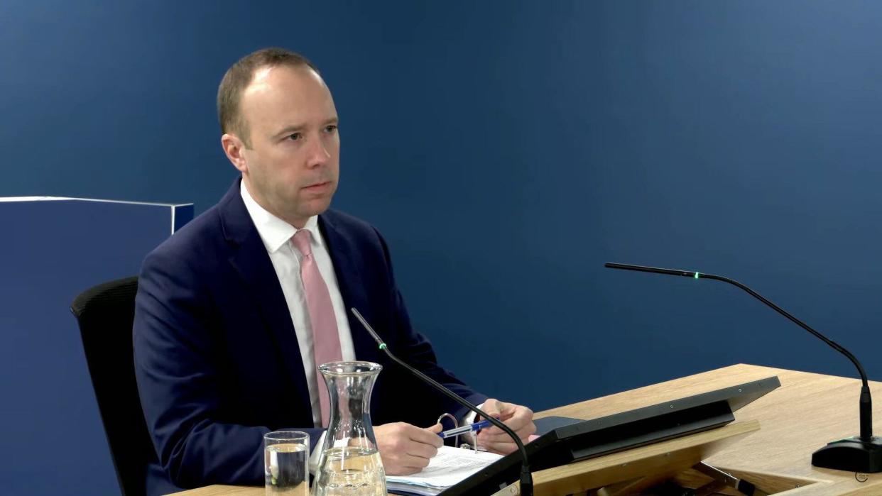 Screen grab from the UK Covid-19 Inquiry Live Stream of former health secretary Matt Hancock giving evidence at Dorland House in London, during its second investigation (Module 2) exploring core UK decision-making and political governance. Issue date: Thursday November 30, 2023.