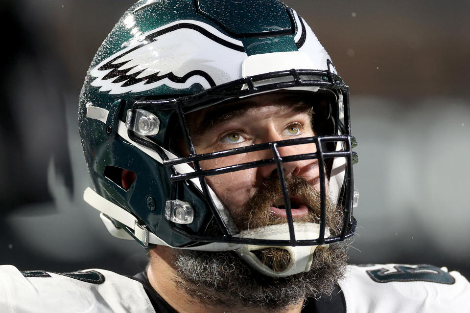 SEATTLE, WASHINGTON - DECEMBER 18: Jason Kelce #62 of the Philadelphia Eagles looks on before the game against the Seattle Seahawksat Lumen Field on December 18, 2023 in Seattle, Washington. (Photo by Steph Chambers/Getty Images)