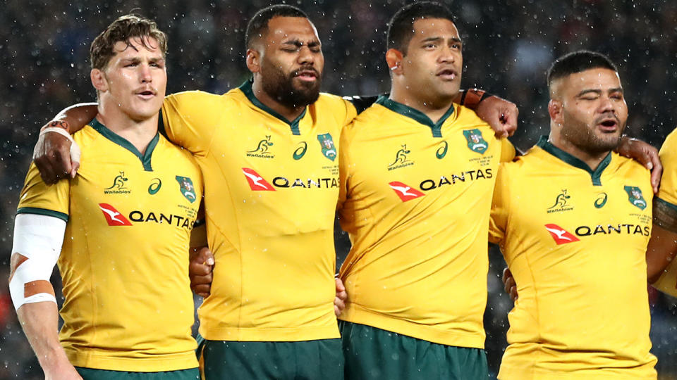 Wallabies players, pictured here in jerseys sponsored by Qantas.