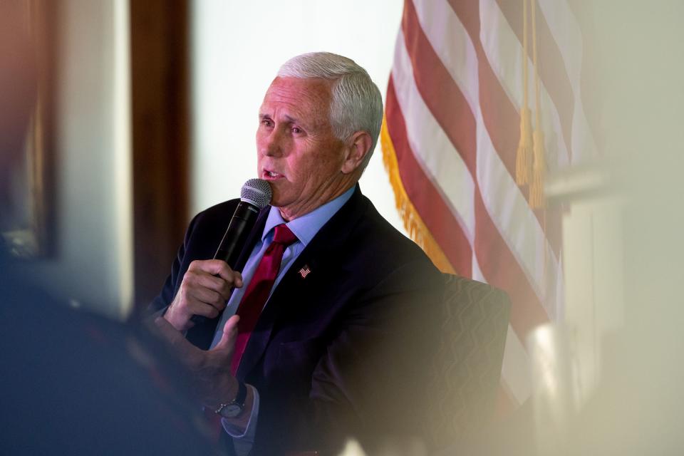 Former Vice President Mike Pence speaks at an event at the Zions Bank Building in Salt Lake City on Friday, April 28, 2023. The event was hosted by the Gary R. Herbert Institute for Public Policy at Utah Valley University. | Spenser Heaps, Deseret News